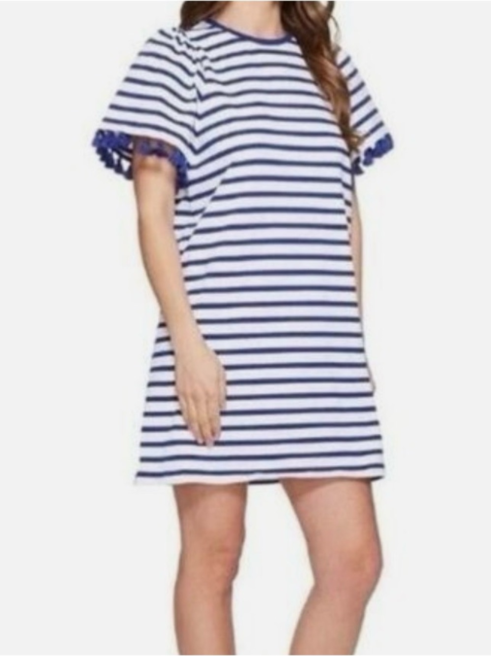 Kate Spade Broome Street Blue & White Striped Dress with Fringe Sleeve Detail - Picture 2 of 8